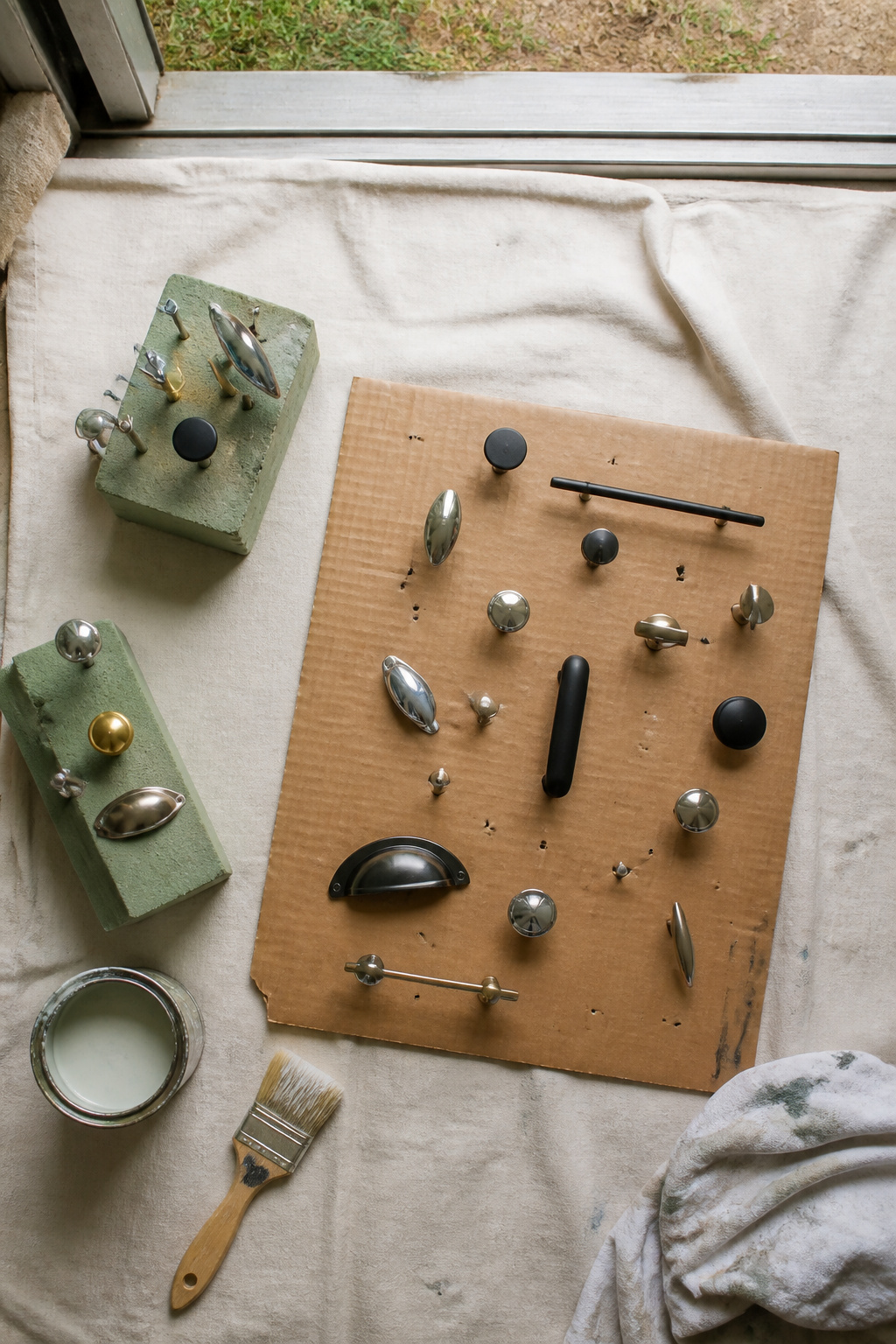 How to Paint Cabinet Hardware: 8 Steps for a Durable Finish in 2026 4 Cardboard with holes and foam blocks used to hold hardware while painting.