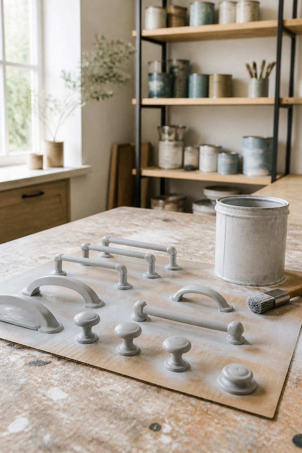 How to Paint Cabinet Hardware: 8 Steps for a Durable Finish in 2026 5 A lineup of hardware pieces covered in gray primer on a work surface.
