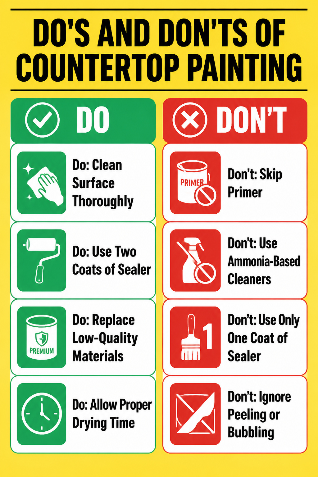 A list of do's and don'ts for successful countertop painting.