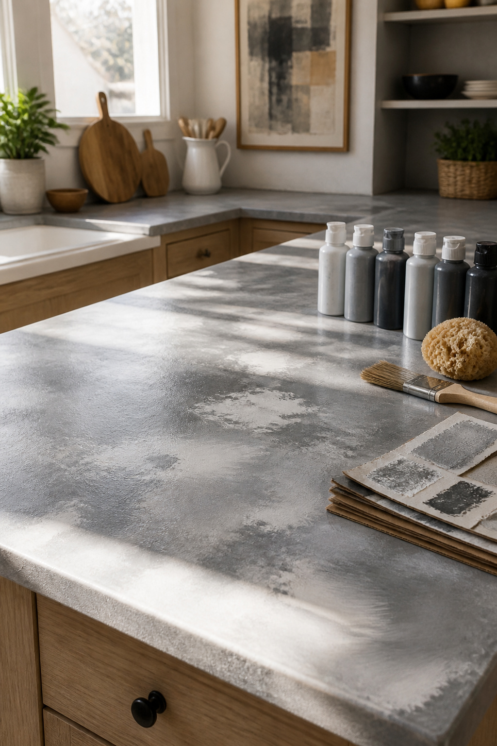 A countertop being painted with a sponge and brush for texture.
