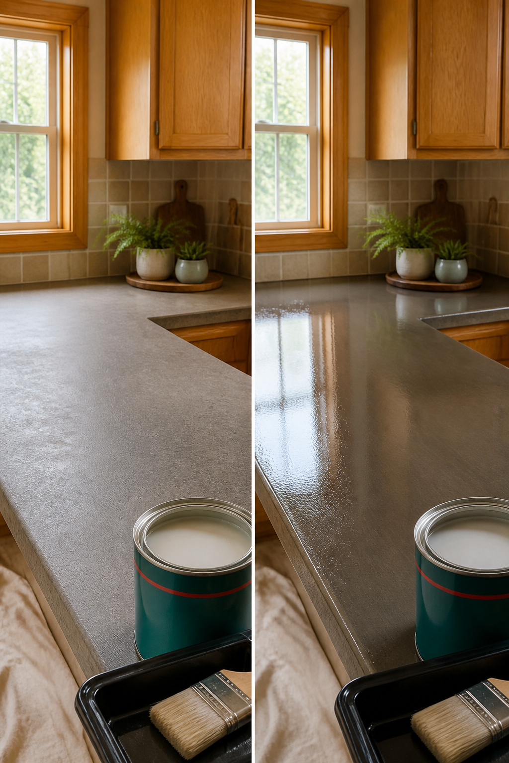 A can of Minwax Polycrylic next to a freshly sealed countertop.