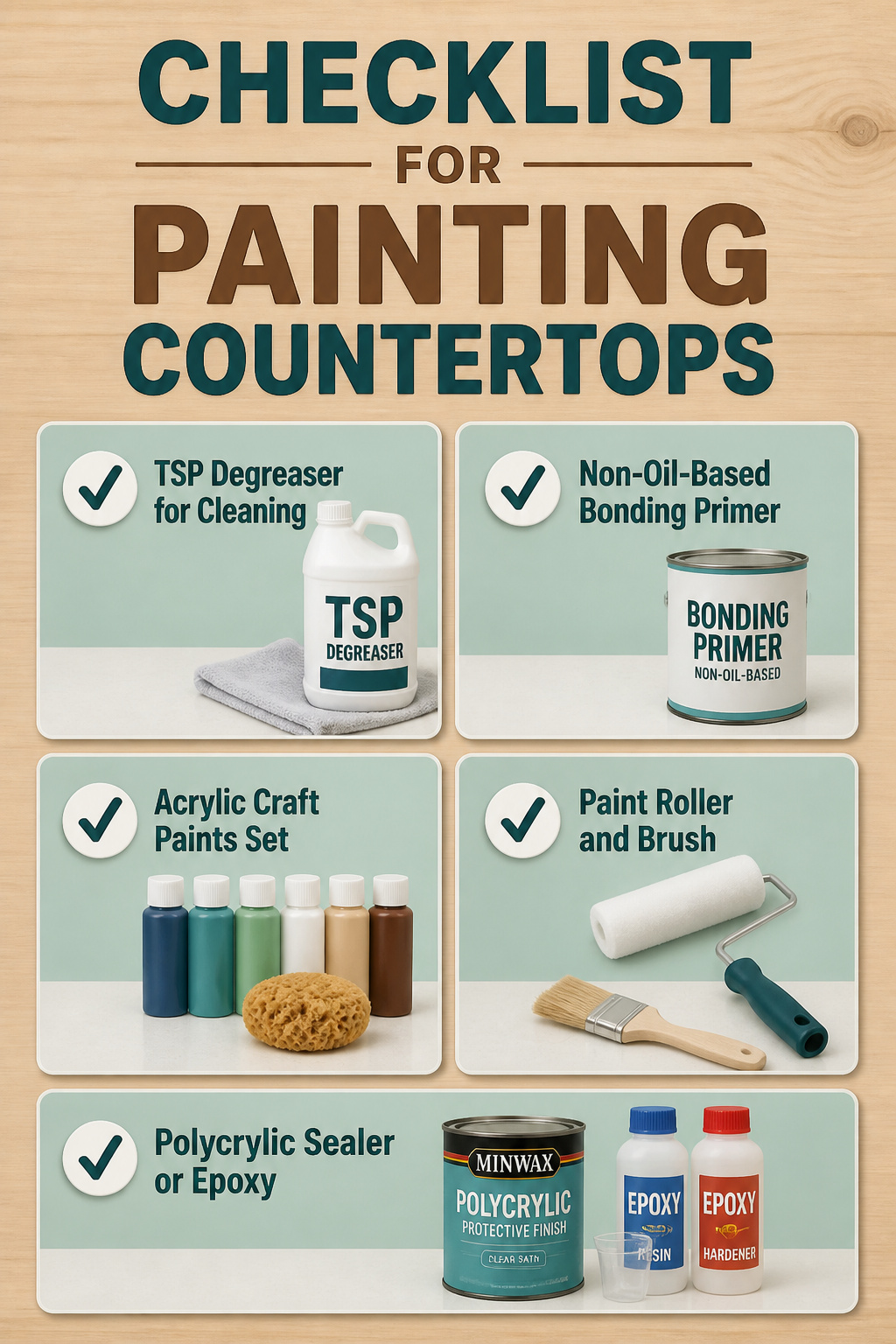 A checklist of items needed for painting countertops displayed.