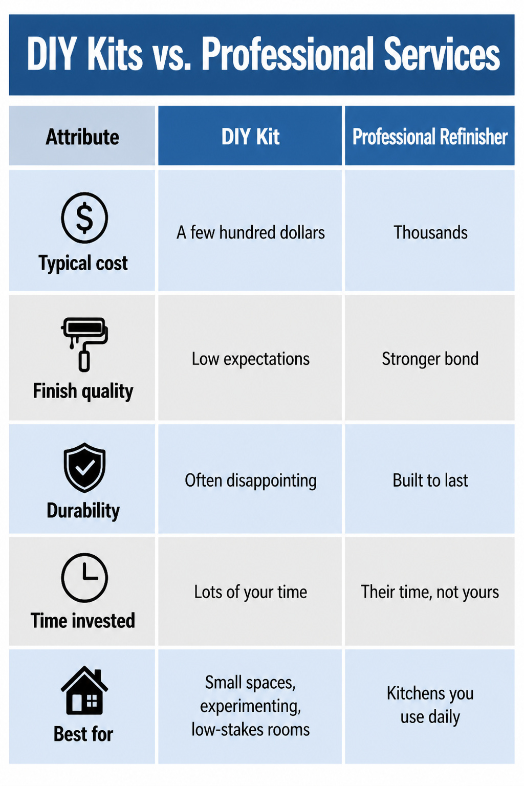 A comparison chart of DIY kits versus professional countertop services.