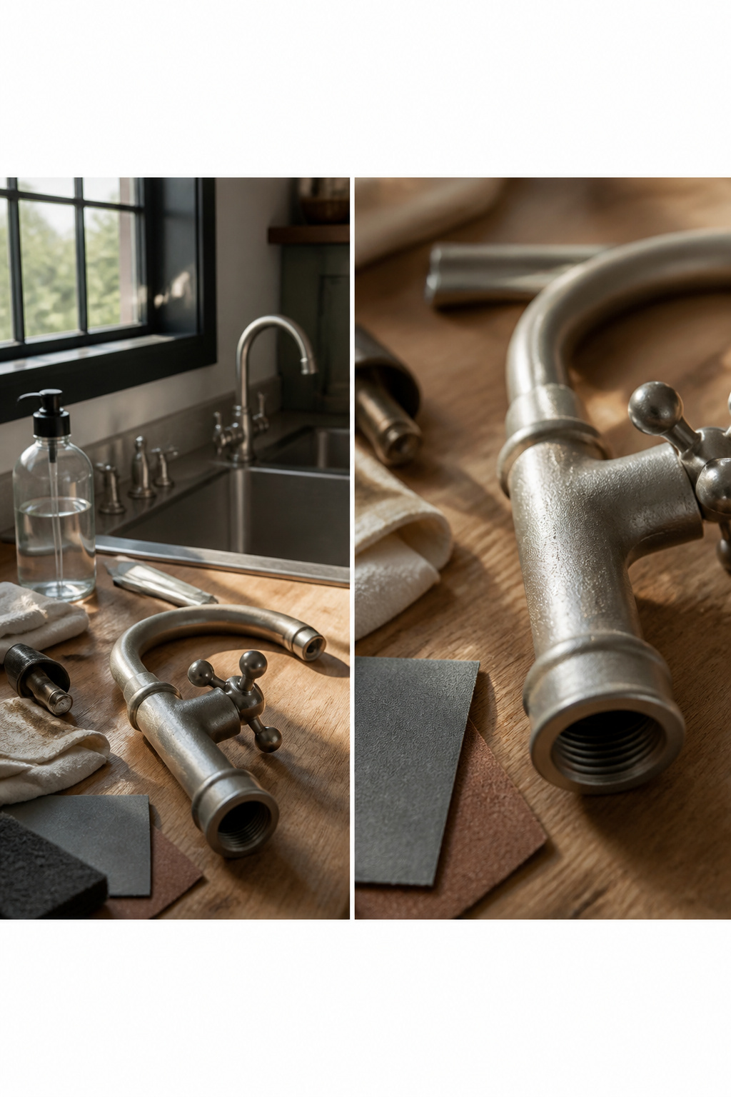 A faucet being sanded and cleaned before painting.