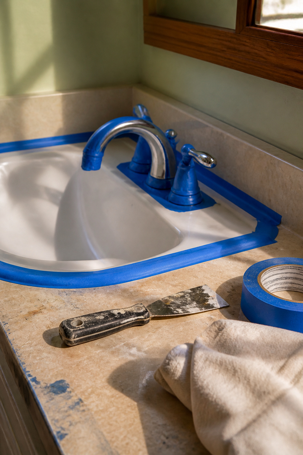 Painter's tape applied around the faucet's rim and spout.