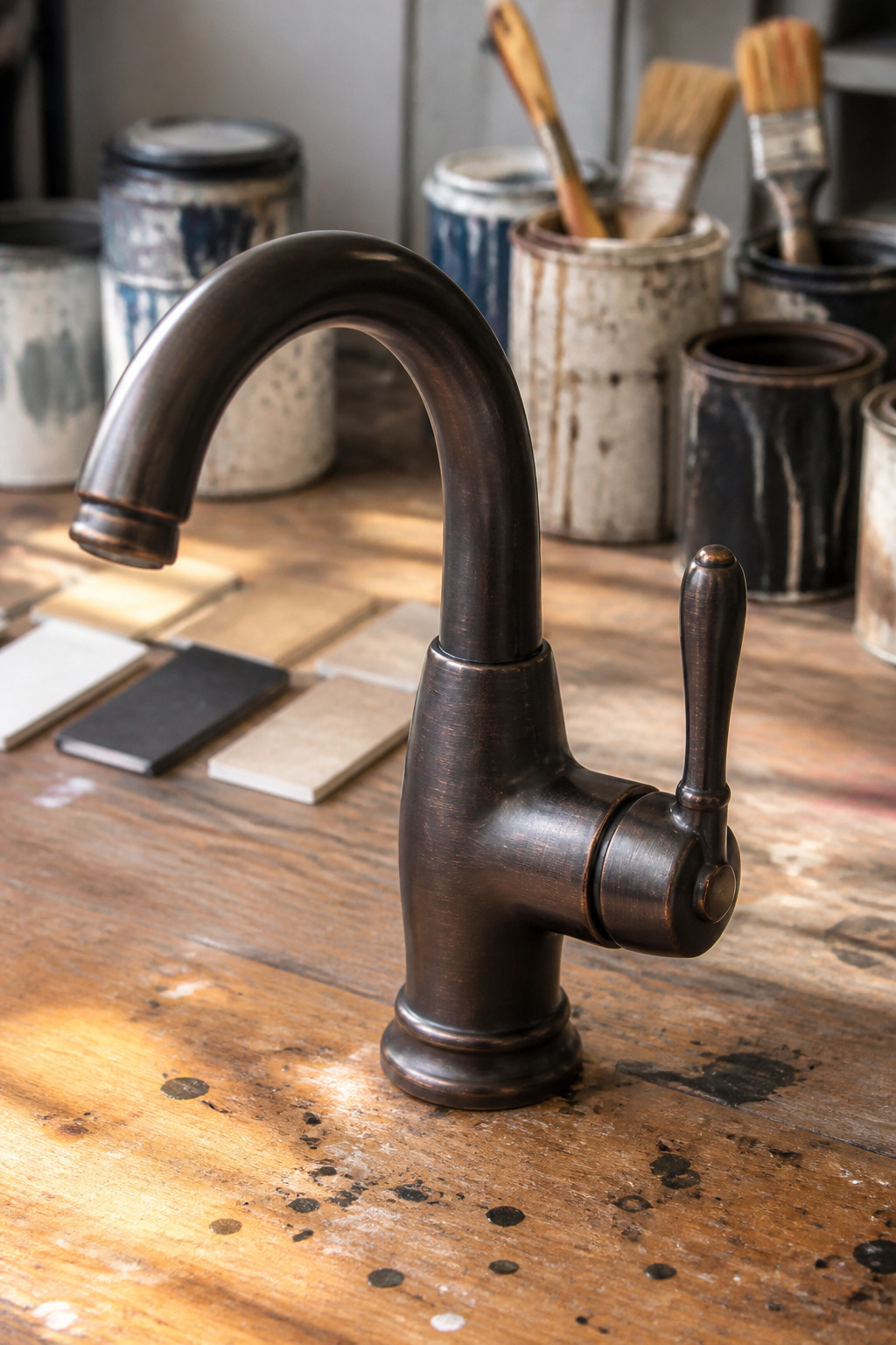 Cans of Rust-Oleum paint next to a faucet being painted.