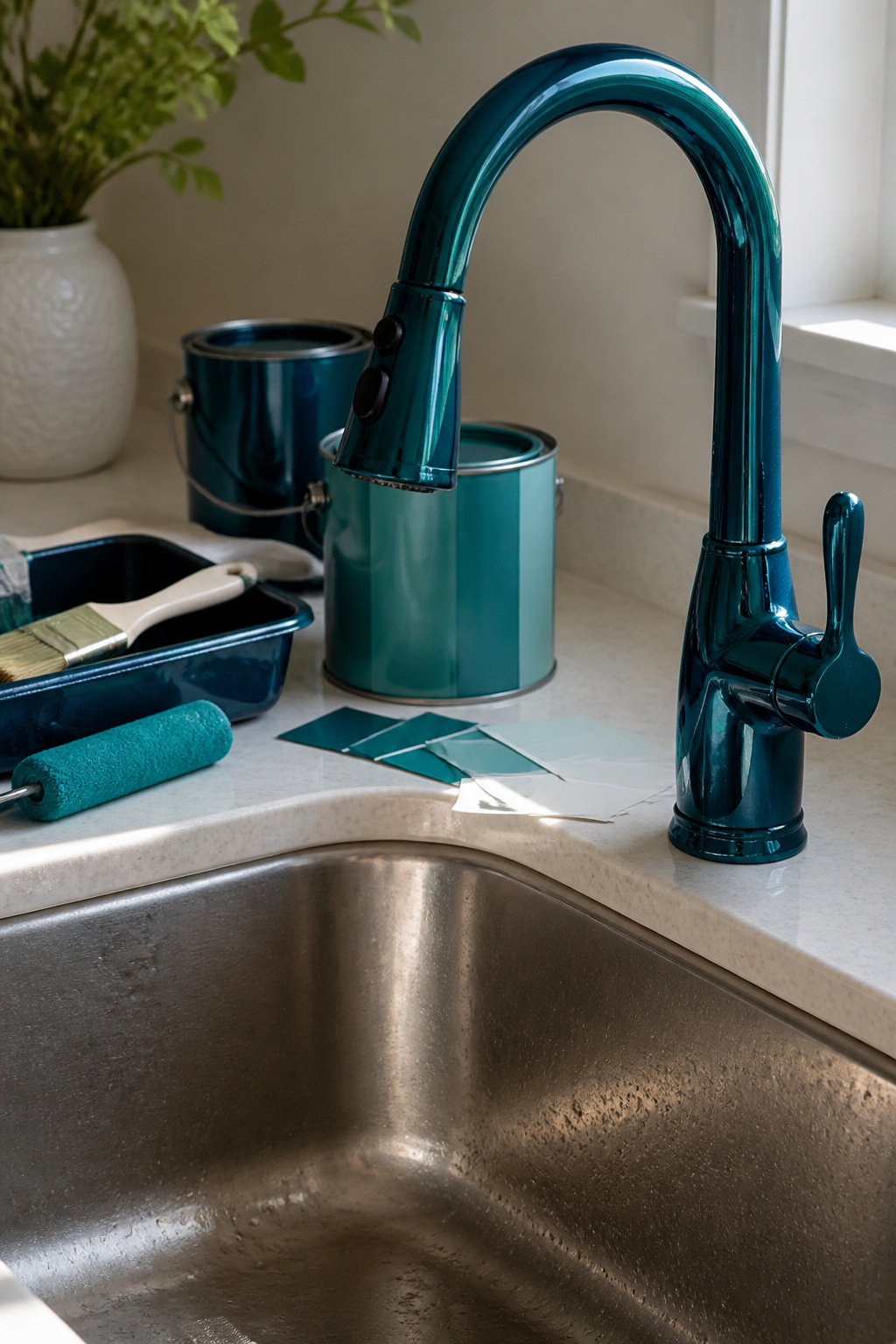 Cans of high gloss lacquer near a freshly painted faucet.