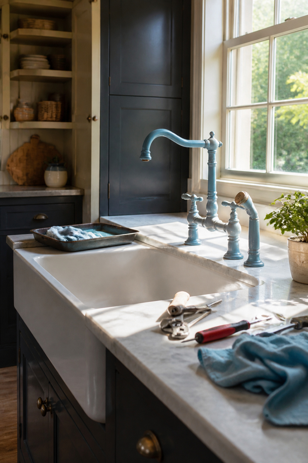 A person reassembling a painted faucet under a sink.