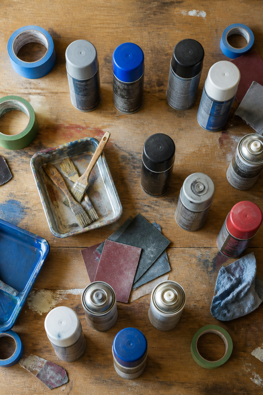 Cans of automotive spray primer and paint for faucet restoration.