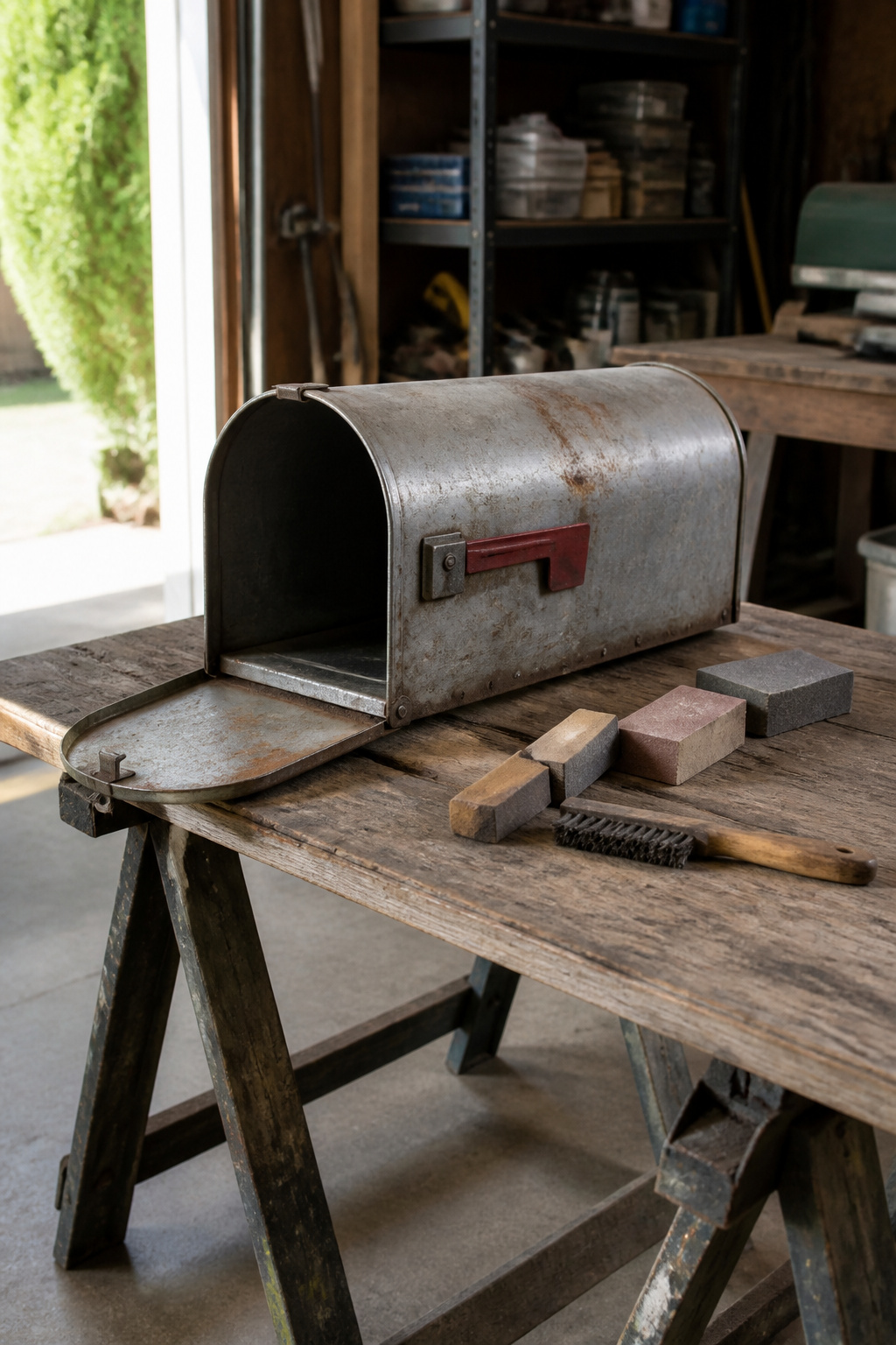 How to Paint a Metal Mailbox: 7 Steps for a Lasting Finish in 2026 3 A mailbox with rust spots surrounded by sanding tools on a sawhorse.