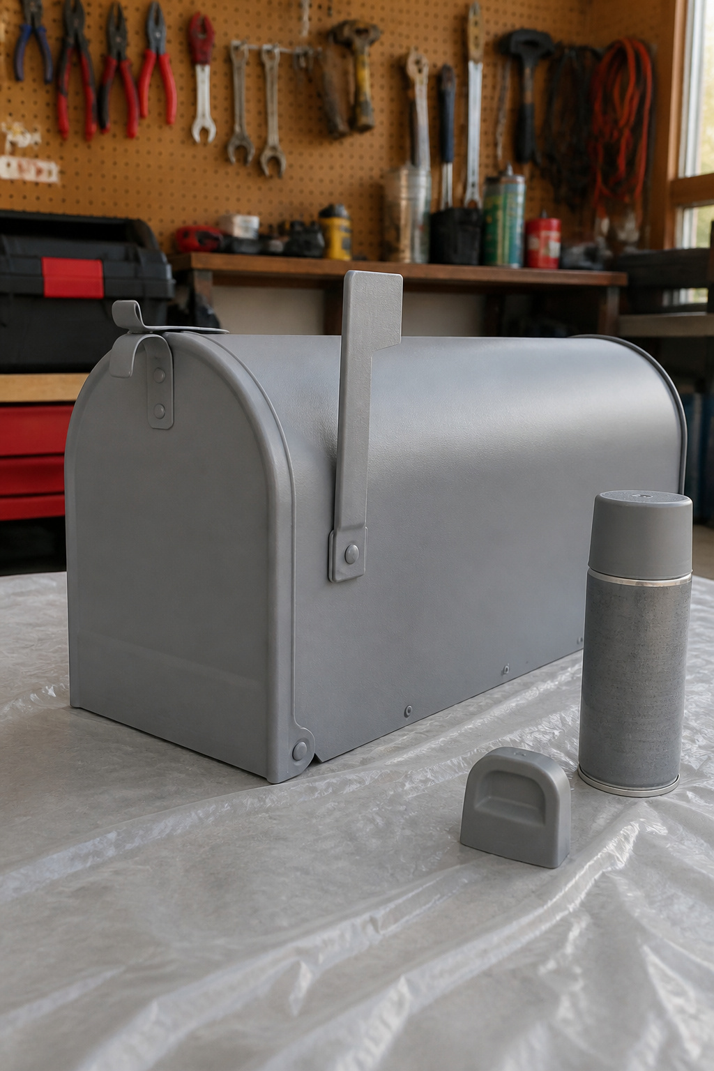 How to Paint a Metal Mailbox: 7 Steps for a Lasting Finish in 2026 4 A can of gray primer used on a metal mailbox during painting.