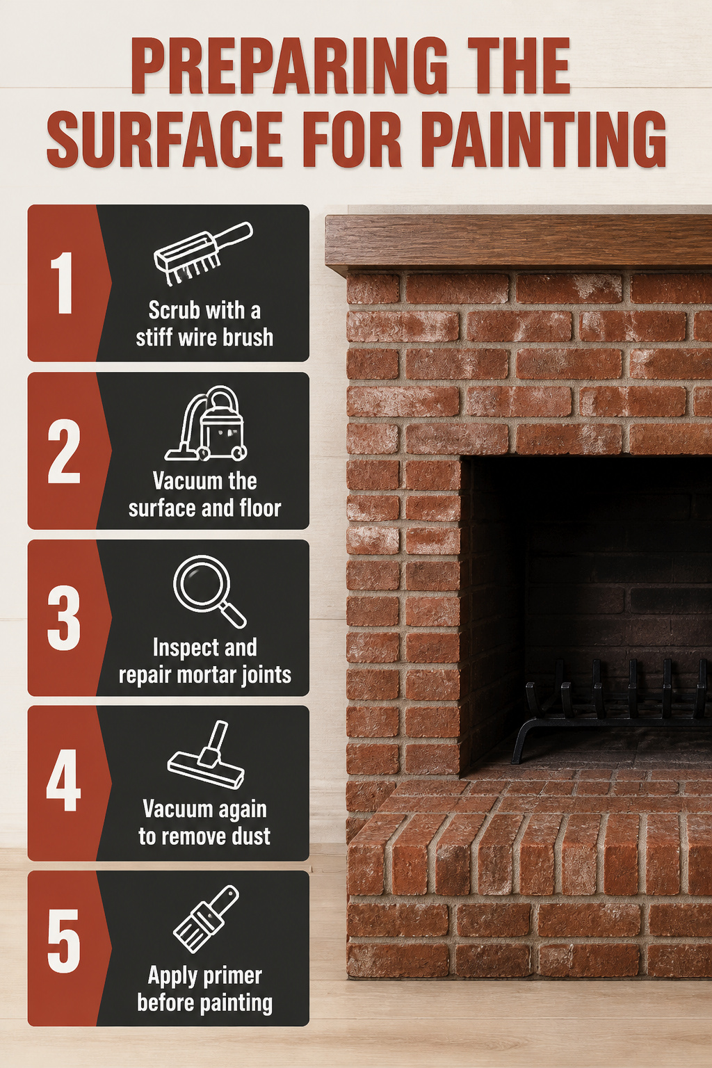 How to Paint a Red Brick Fireplace White in 6 Steps (2026) 1 A wire brush being used on a brick surface to clean mortar lines.