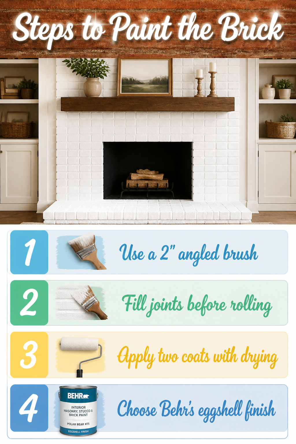 How to Paint a Red Brick Fireplace White in 6 Steps (2026) 4 A person painting a brick fireplace with an angled brush and roller.