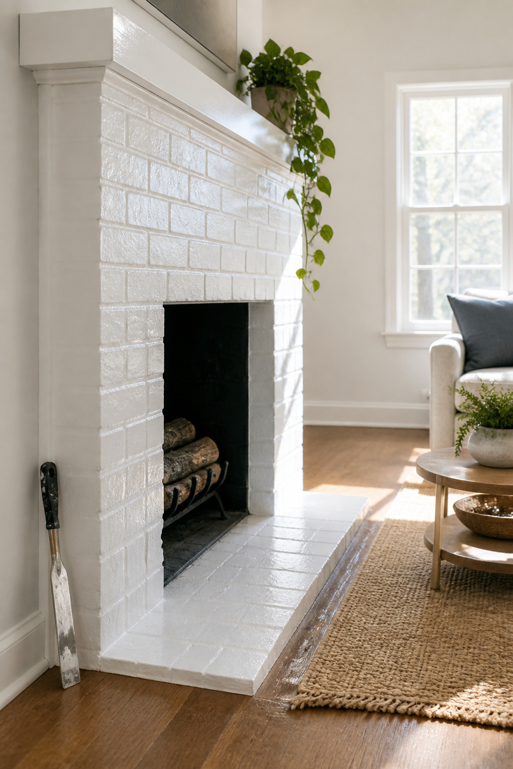 How to Paint a Red Brick Fireplace White in 6 Steps (2026) 5 A white brick fireplace with caulk applied to seams and a plant on the mantel.