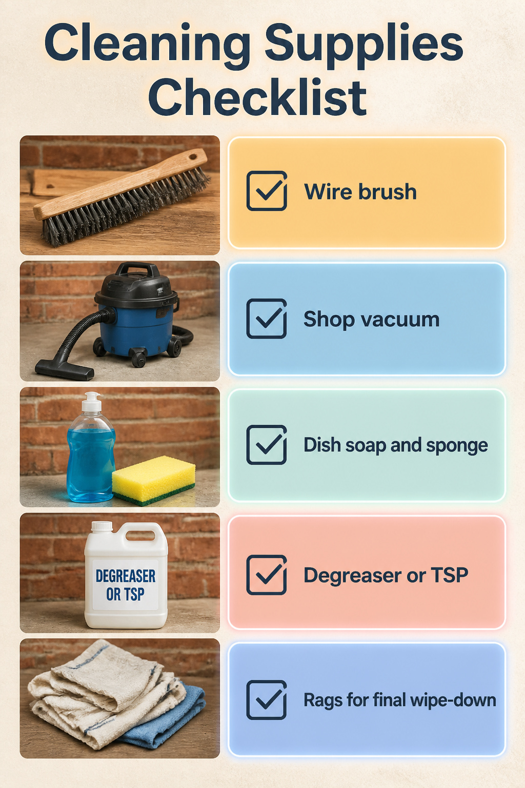 How to Paint a Red Brick Fireplace White in 6 Steps (2026) 8 A list of cleaning supplies including brushes, vacuum, and soap for brick.