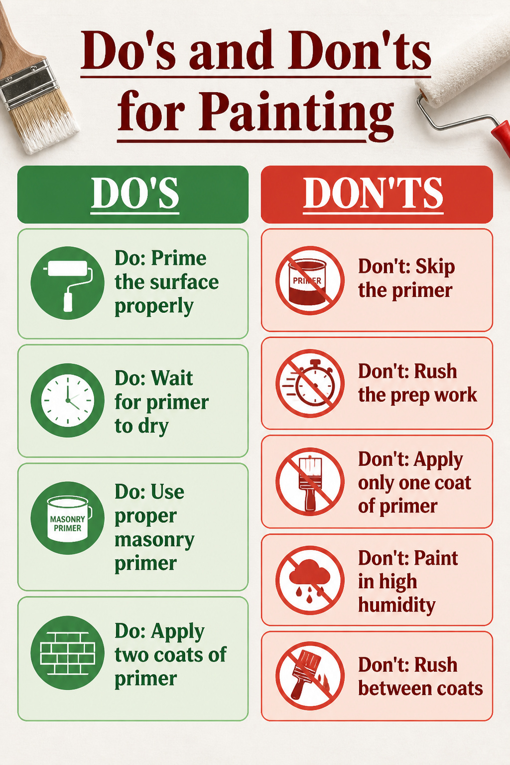 How to Paint a Red Brick Fireplace White in 6 Steps (2026) 9 A graphic illustrating do's and don'ts for painting a brick fireplace.