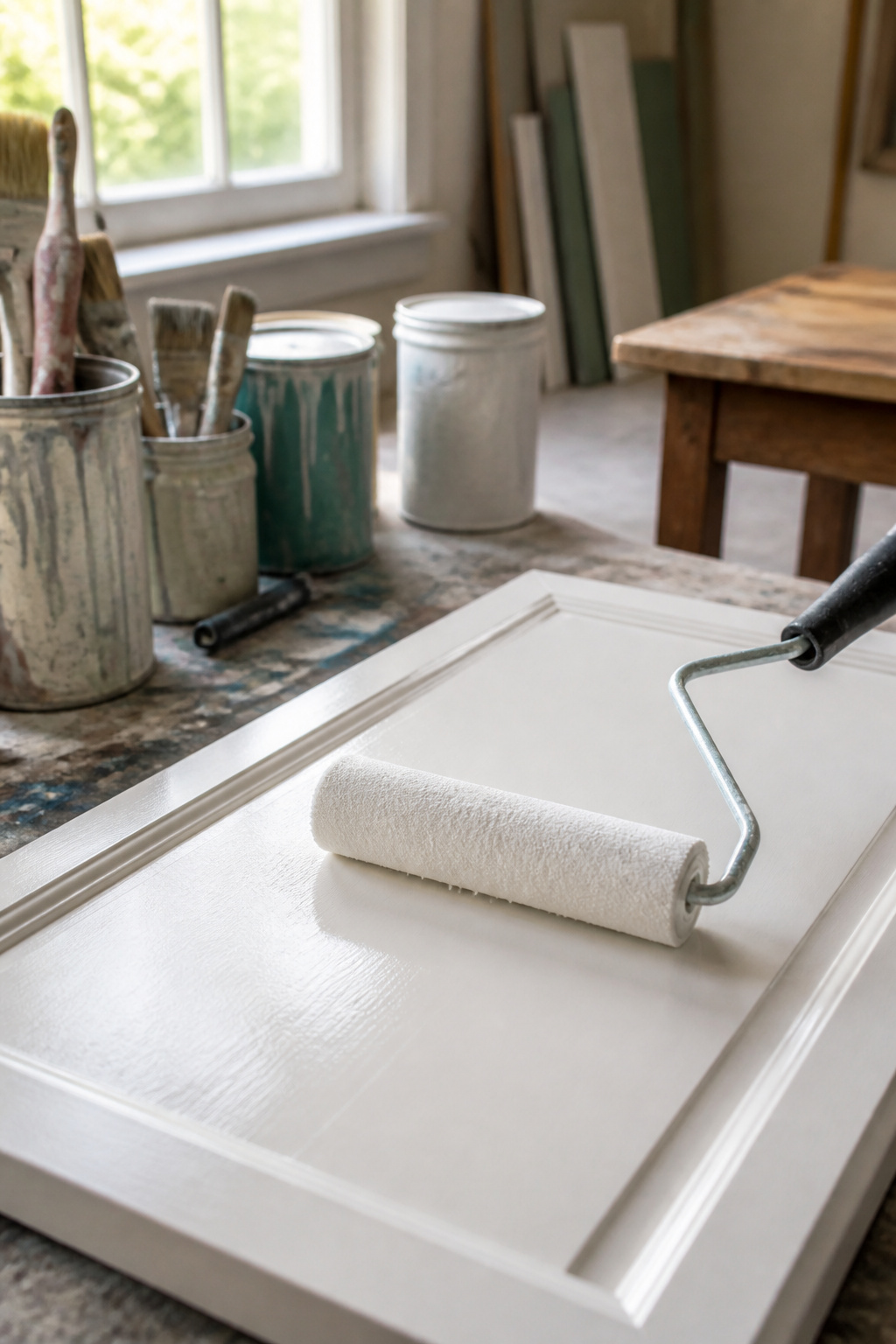 Best Paint Roller for Cabinets: 7 Picks for 2026 1 Whizz Velour roller painting a white cabinet door.