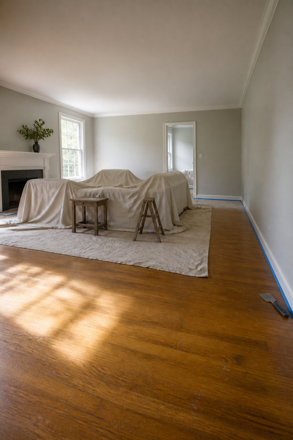 How to Paint Trim White in 2026: A 7-Step Guide 1 Room prepared for painting with furniture pushed to the center and covered.