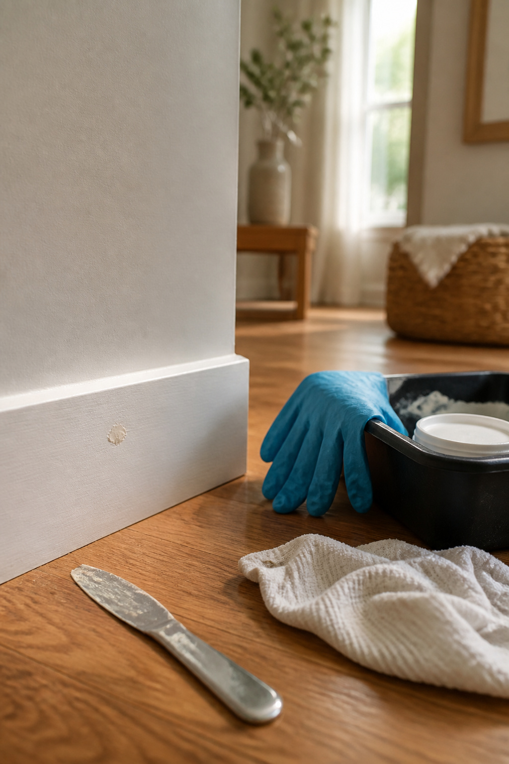 How to Paint Trim White in 2026: A 7-Step Guide 3 Wood filler being smeared into nail holes on a baseboard.