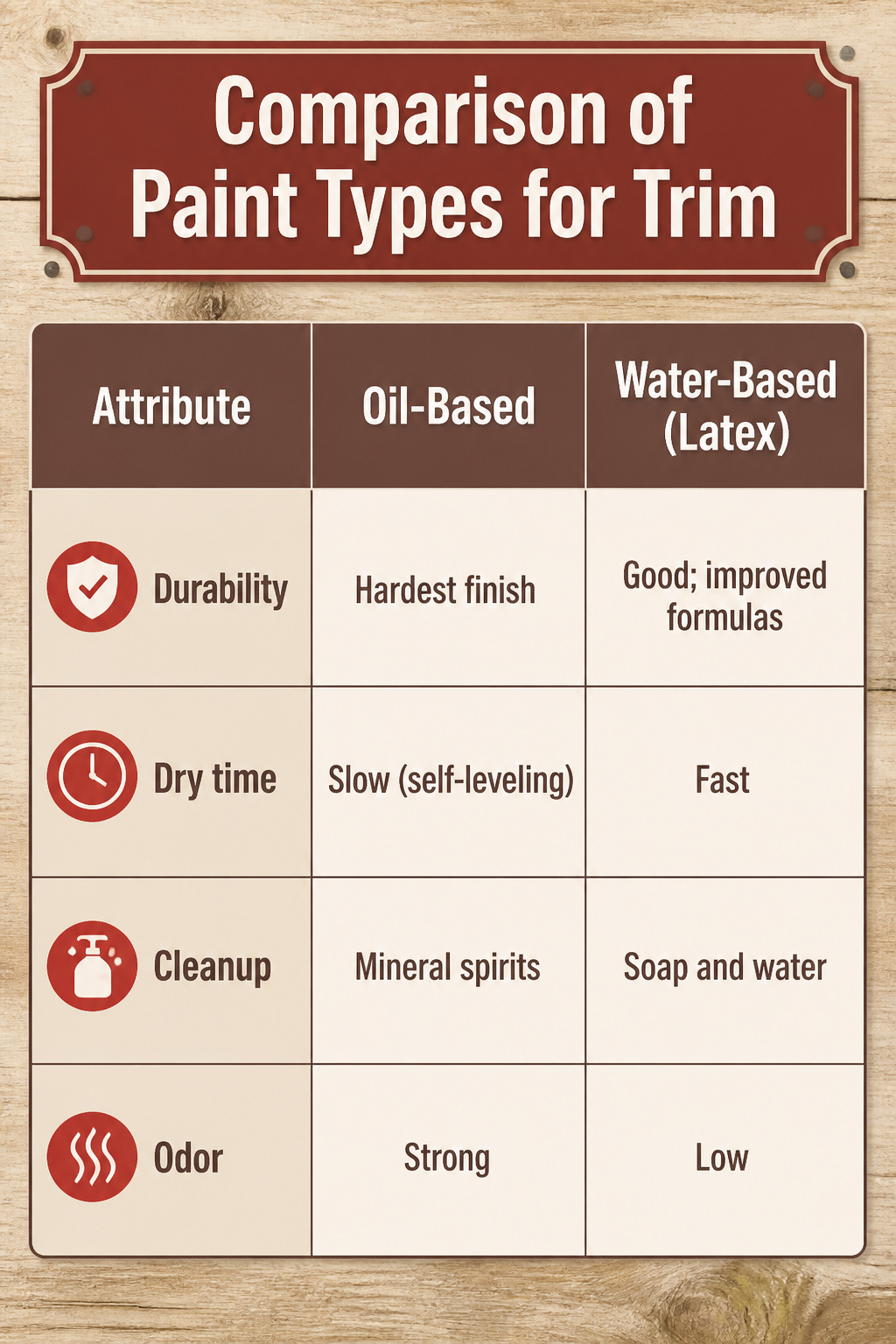 How to Paint Trim White in 2026: A 7-Step Guide 9 Comparison chart of oil-based and water-based paint attributes.