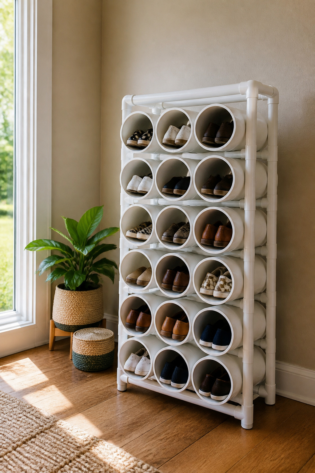 Movable PVC pipe shoe rack with neatly arranged shoes.