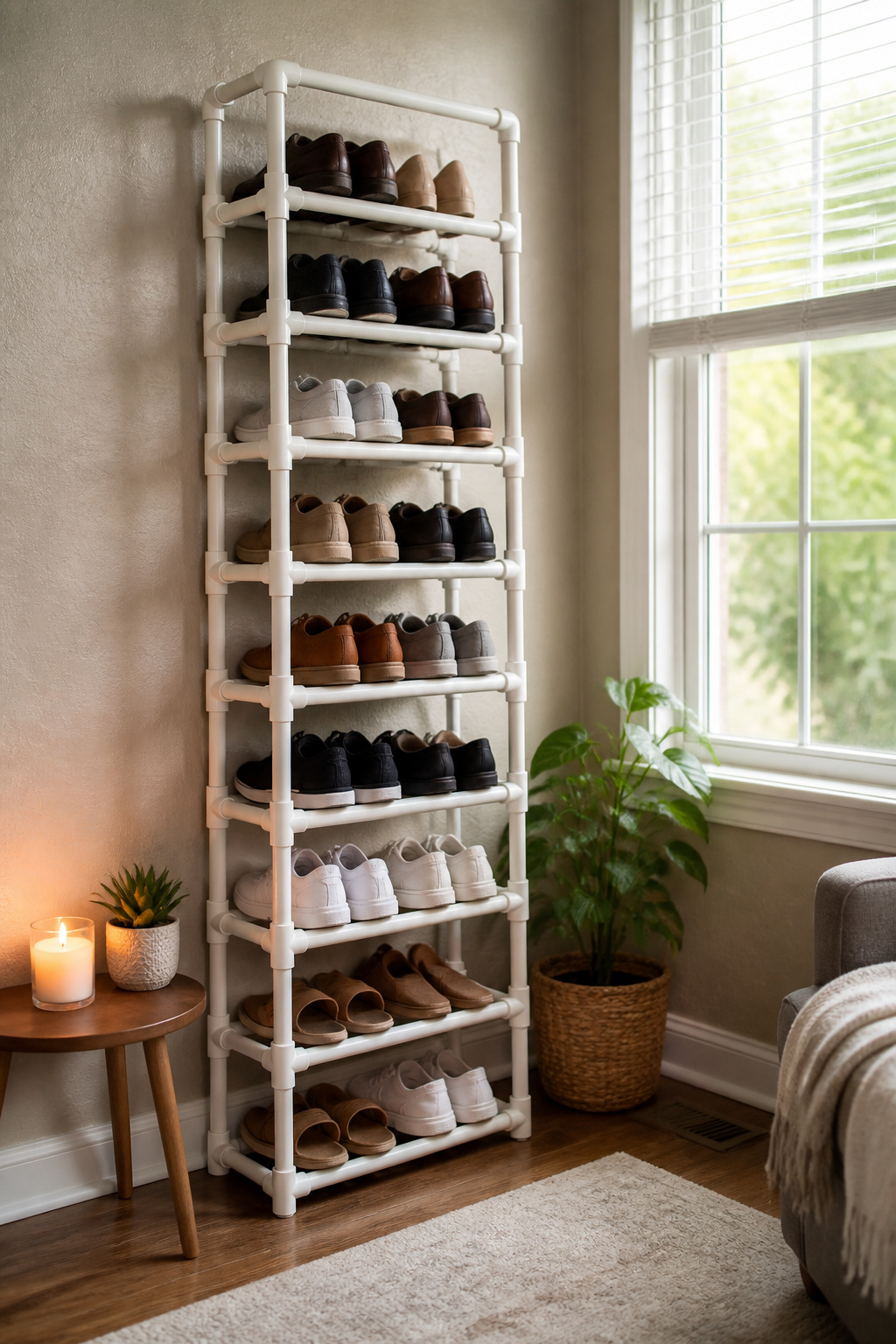 PVC pipe shoe organizer with shoes arranged systematically.
