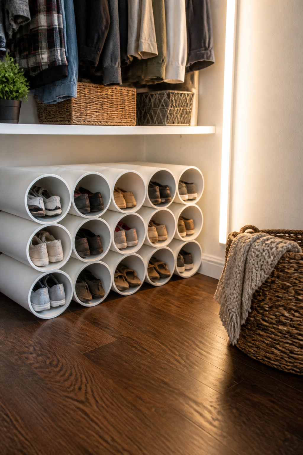 Low-cost PVC shoe rack with various shoes in a closet.