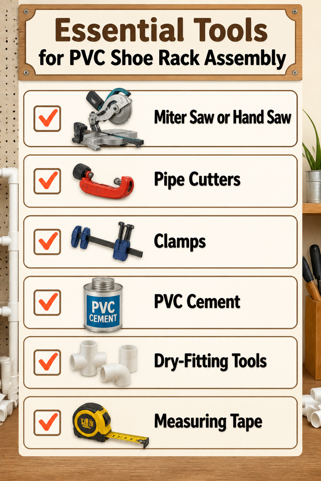 Tools required for assembling a PVC shoe rack.