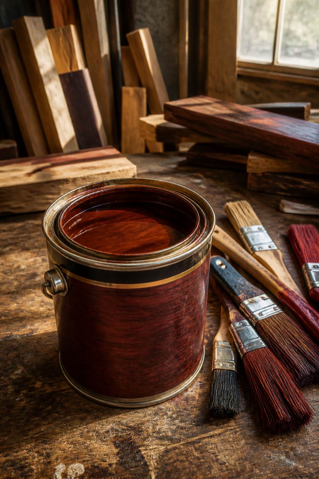 Red Mahogany Stain Colors, Types and Application Methods 1 A can of Minwax 71007 Red Mahogany Wood Finish on a work surface.