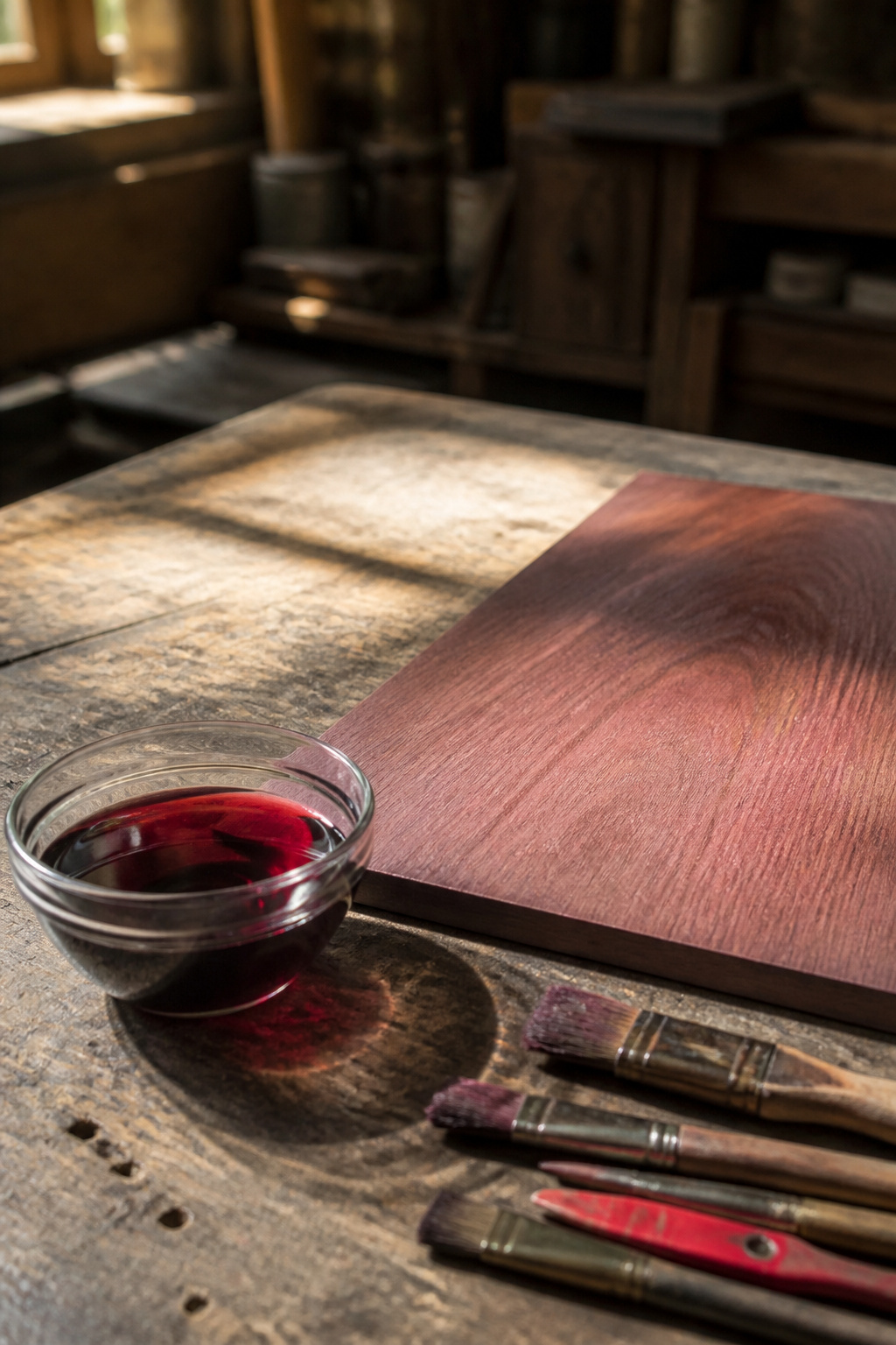 Red Mahogany Stain Colors, Types and Application Methods 3 A can of General Finishes Merlot Water-Based Dye on a work surface.
