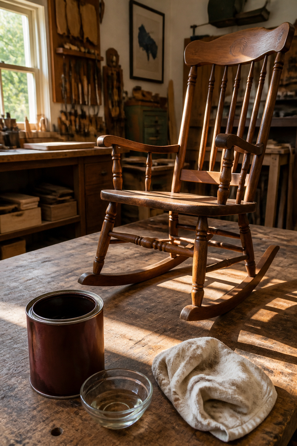 Red Mahogany Stain Colors, Types and Application Methods 4 A can of General Finishes Brown Mahogany Gel Stain near a rocking chair.