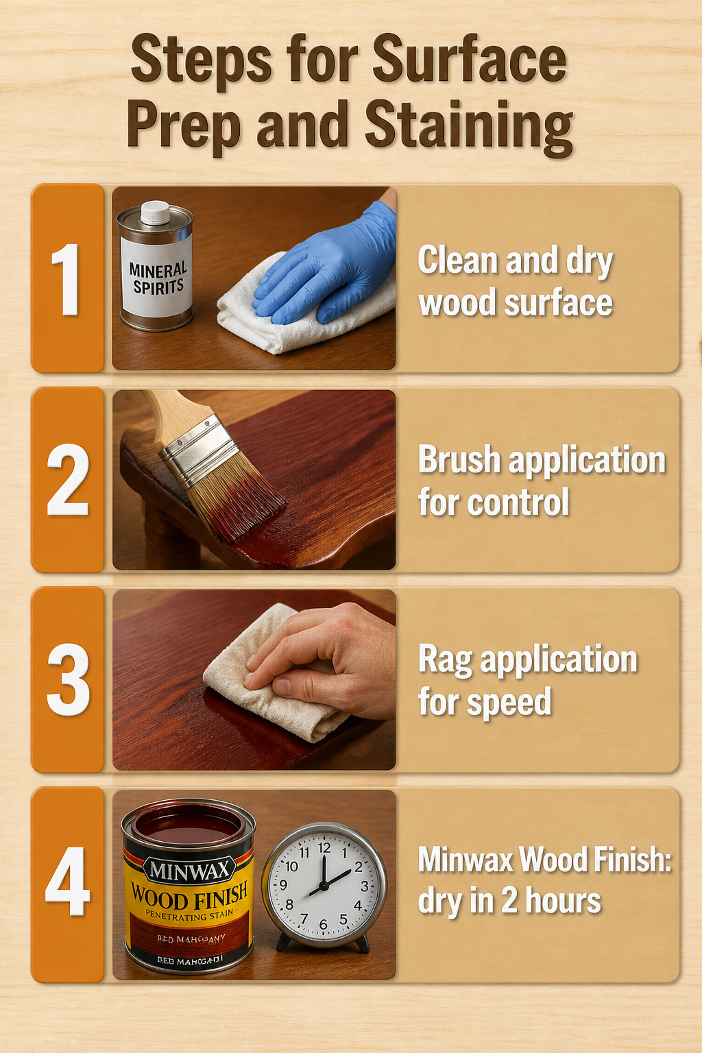 Red Mahogany Stain Colors, Types and Application Methods 6 An infographic showing steps for surface prep and staining wooden surfaces.