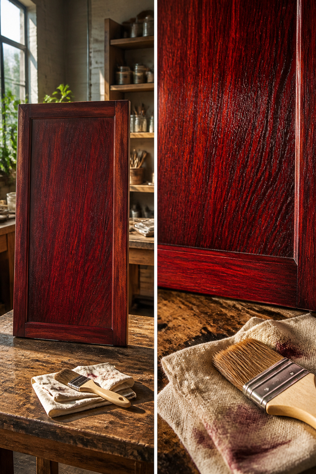 Red Mahogany Stain Colors, Types and Application Methods 7 An image illustrating the application of two layers of red mahogany stain.