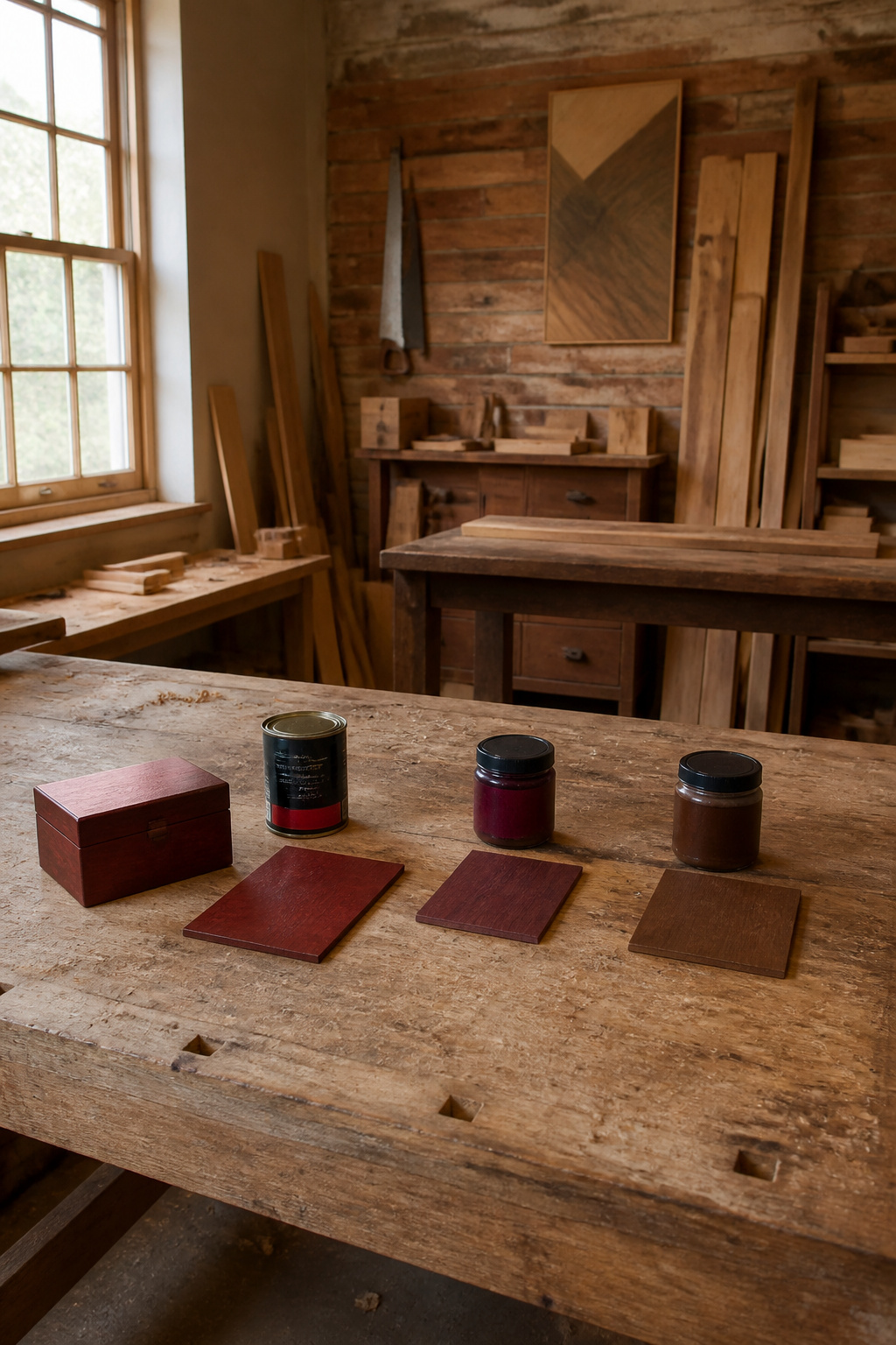 Red Mahogany Stain Colors, Types and Application Methods 8 A dining table and a jewelry box showing red mahogany stain comparison.