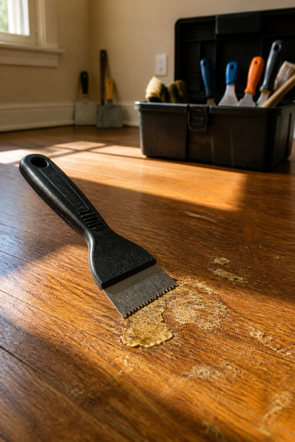 Close-up of a plastic floor scraper above carpet glue on a hardwood floor.