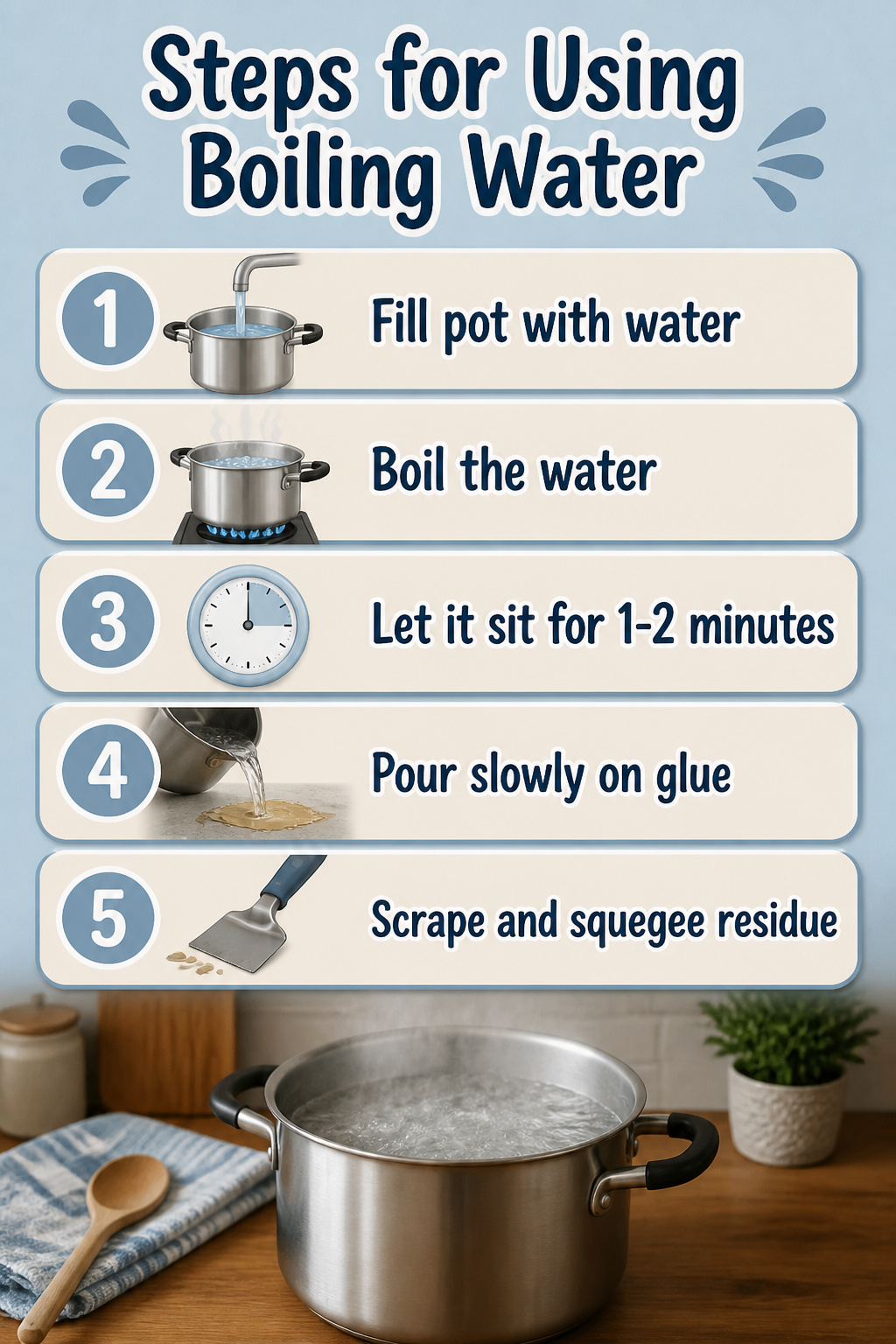 A stockpot with boiling water for removing carpet glue.