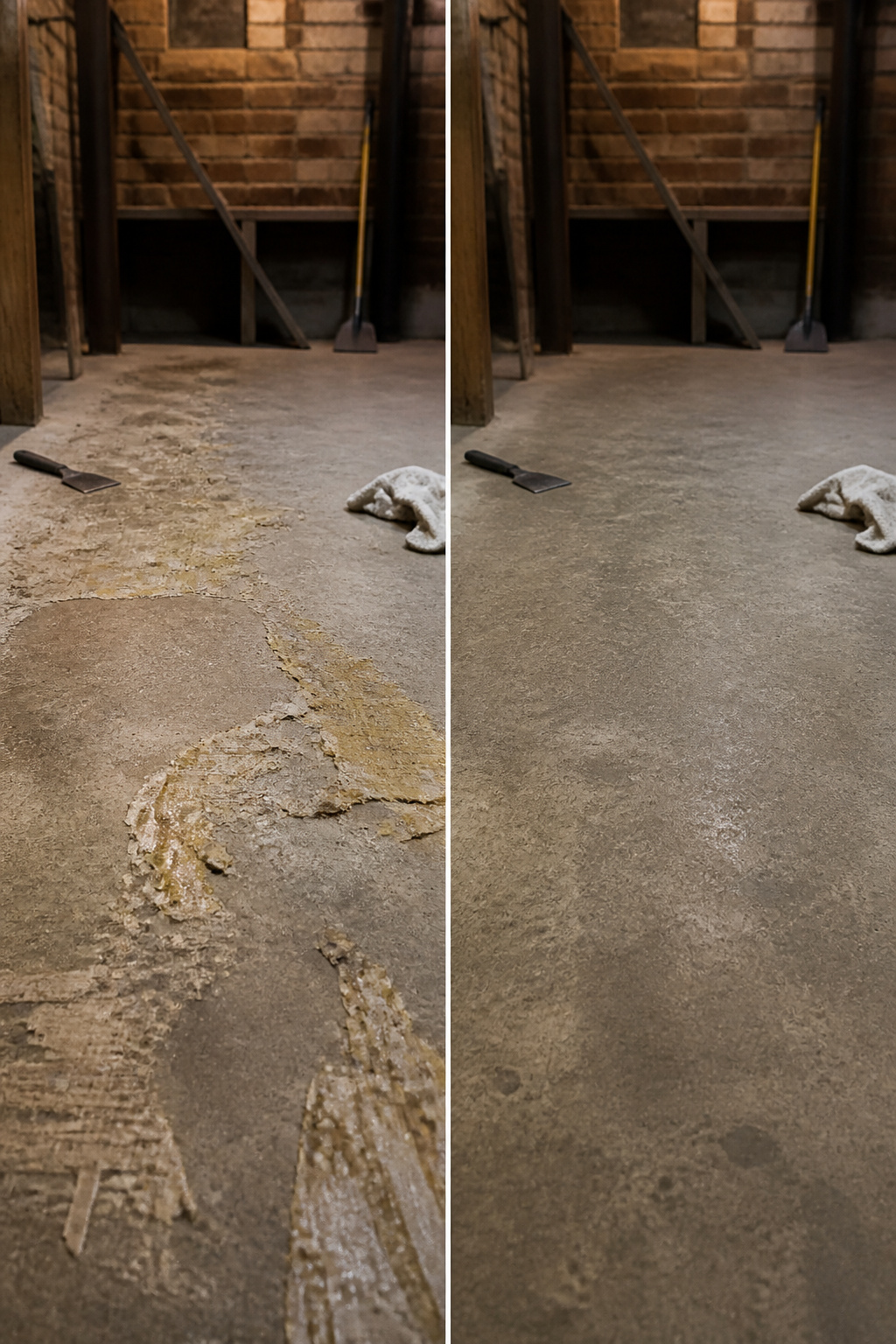A handheld steamer working on carpet glue on a surface.
