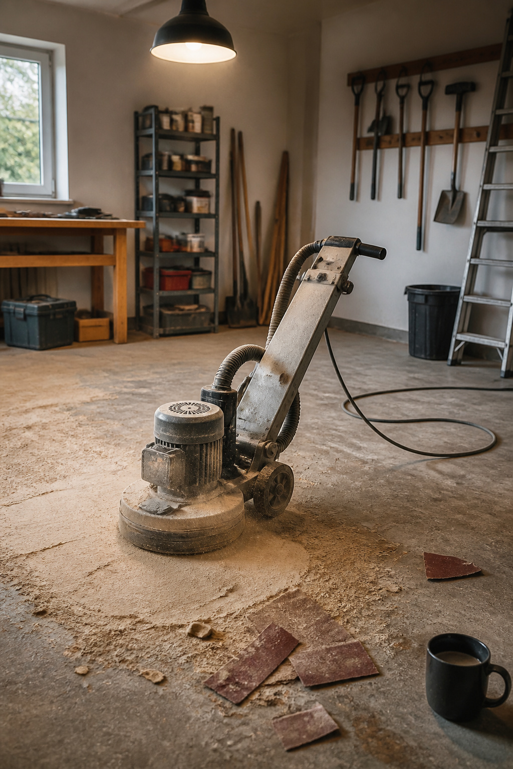 A floor sander working on a concrete floor with glue residue.