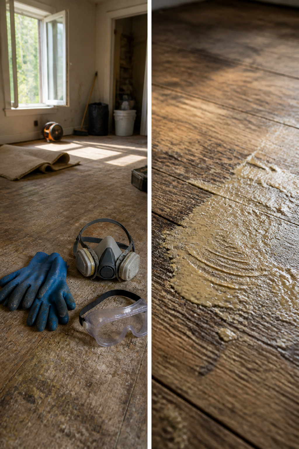 Gloves and goggles for safety during adhesive removal work.