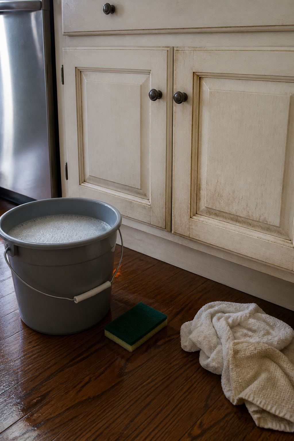 How to Repaint Painted Cabinets: 7 Steps for a Lasting Finish 2 A bucket filled with soapy solution and scouring pad near cabinets.