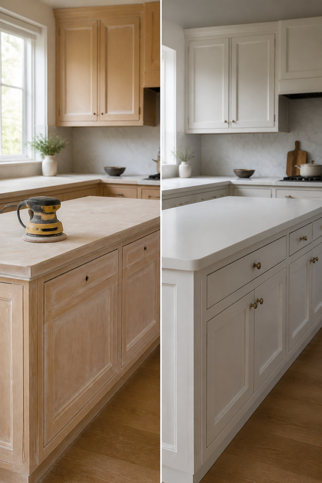How to Repaint Painted Cabinets: 7 Steps for a Lasting Finish 3 Sandpaper and a sander beside cabinets ready for deglossing.
