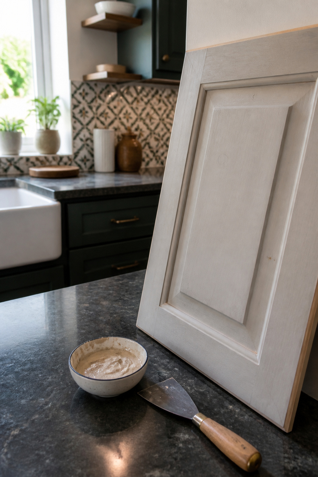 How to Repaint Painted Cabinets: 7 Steps for a Lasting Finish 4 A bowl of wood filler and putty knife beside a cabinet door.