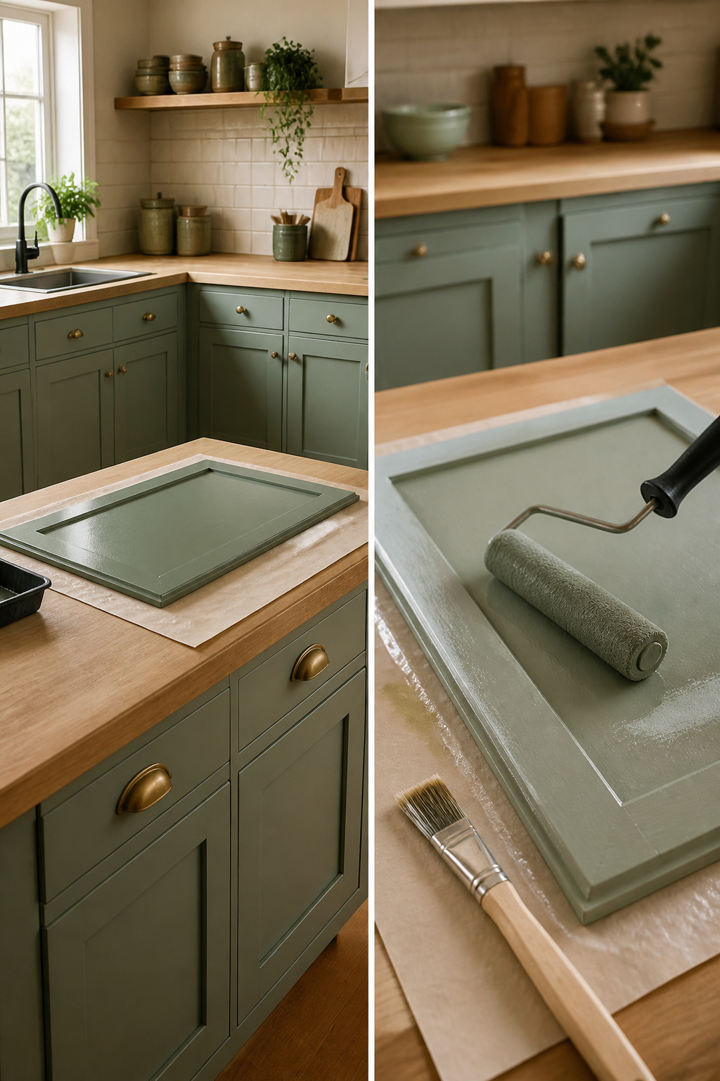 How to Repaint Painted Cabinets: 7 Steps for a Lasting Finish 6 Paint supplies including a foam roller and brush for cabinet painting.