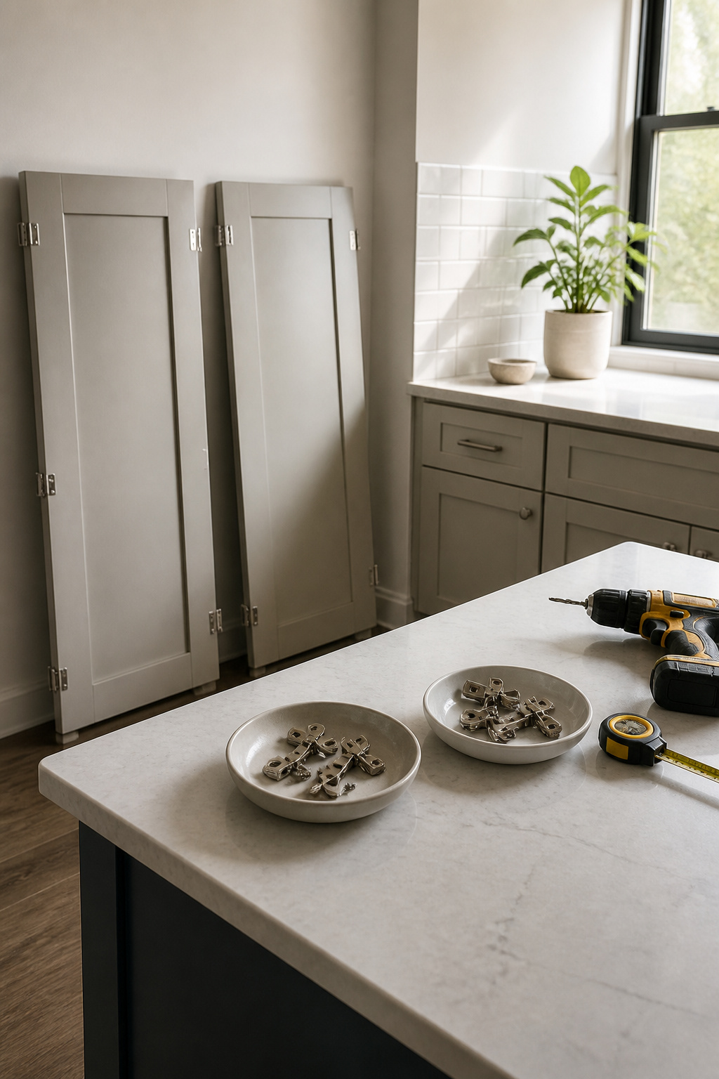 How to Repaint Painted Cabinets: 7 Steps for a Lasting Finish 7 Two freshly painted cabinet doors and labeled hardware on a counter.