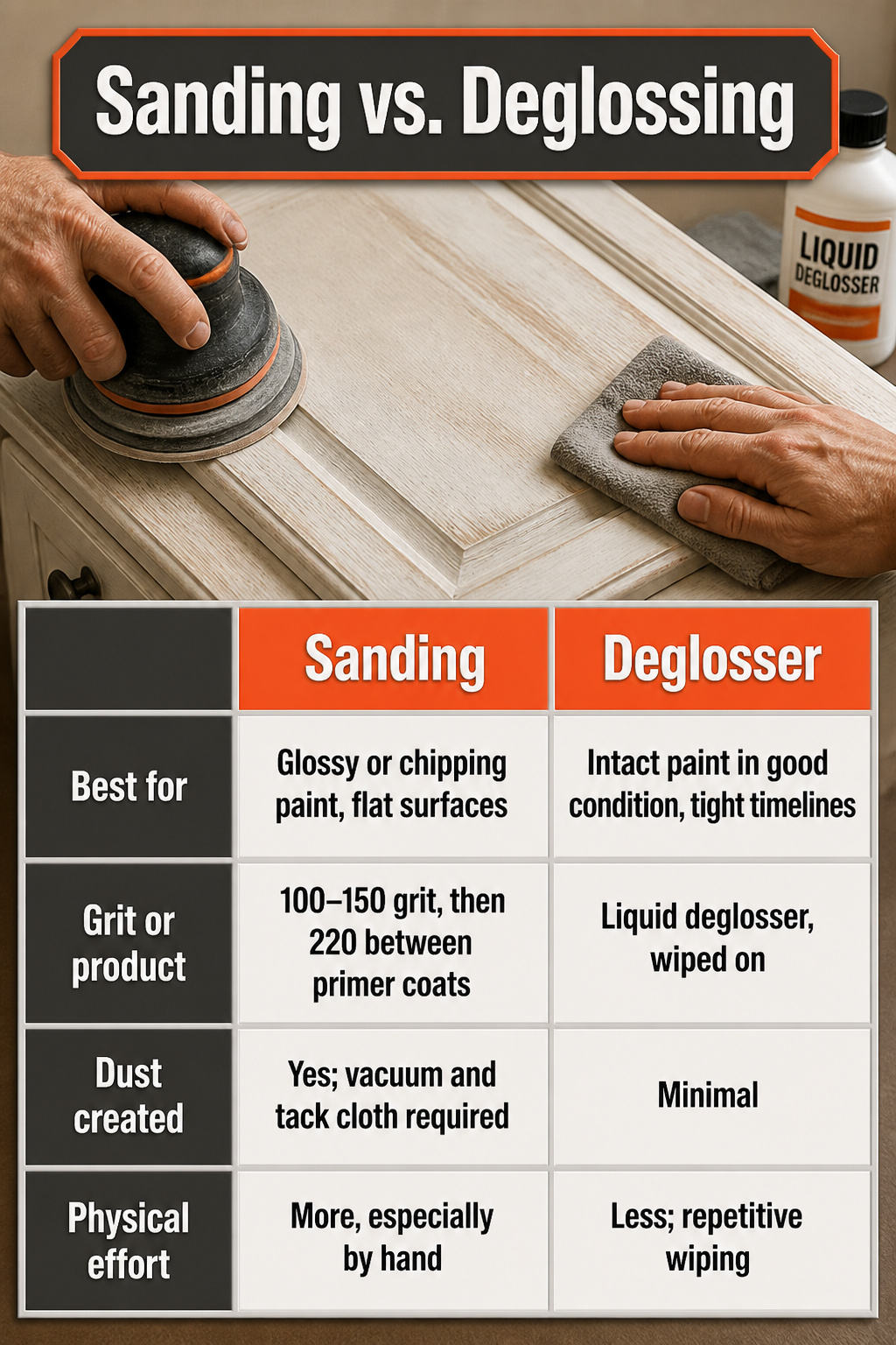 How to Repaint Painted Cabinets: 7 Steps for a Lasting Finish 8 A chart comparing sanding versus deglossing methods for cabinets.