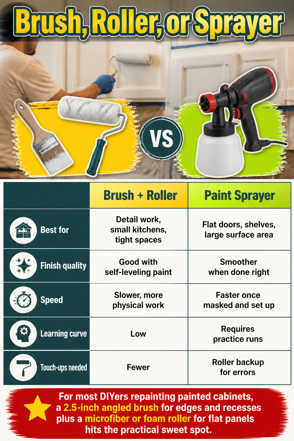 How to Repaint Painted Cabinets: 7 Steps for a Lasting Finish 9 A comparison of painting tools for cabinet refinishing.