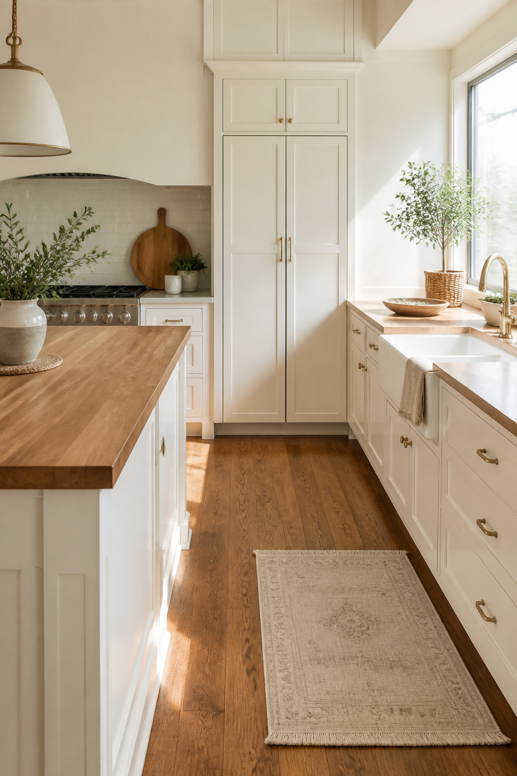Warm kitchen with Sherwin Williams Alabaster cabinets and natural light.