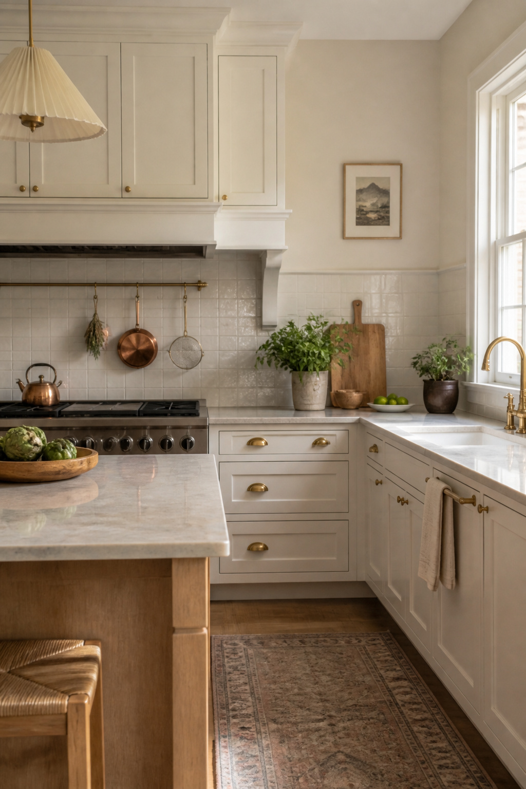 Bright kitchen displaying Sherwin Williams Shoji White cabinets and natural wood.