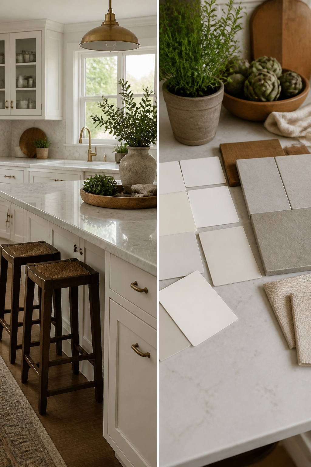 Different white paint samples highlighting various undertones for cabinets.