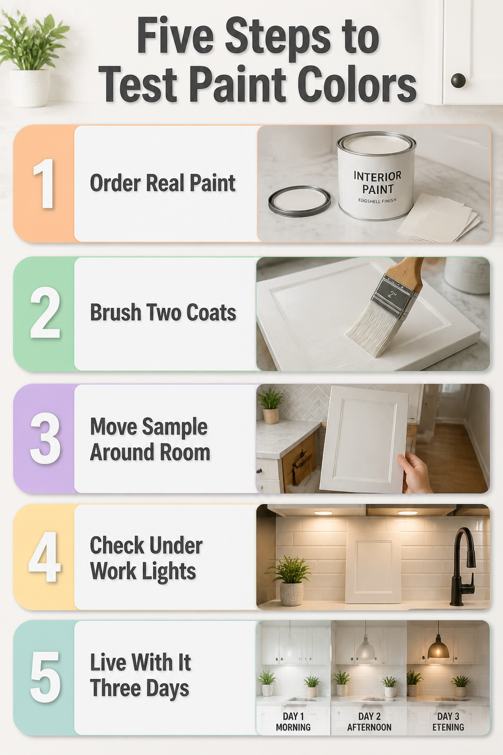 Step-by-step guide for testing paint colors on kitchen cabinets.